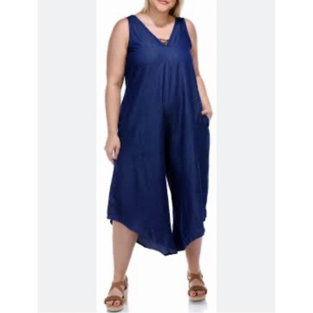 Harlow & Rose‎ XL Denim Chambray V Neck Wide Leg Midi Length Women Jumpsuit BOHO